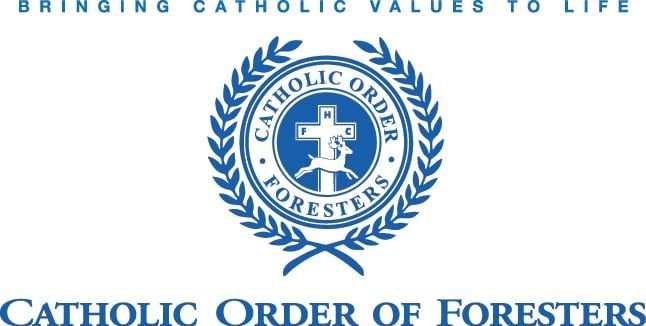 Catholic Order of Foresters logo with blue laurel wreath, cross, and slogan “Bringing Catholic Values to Life”