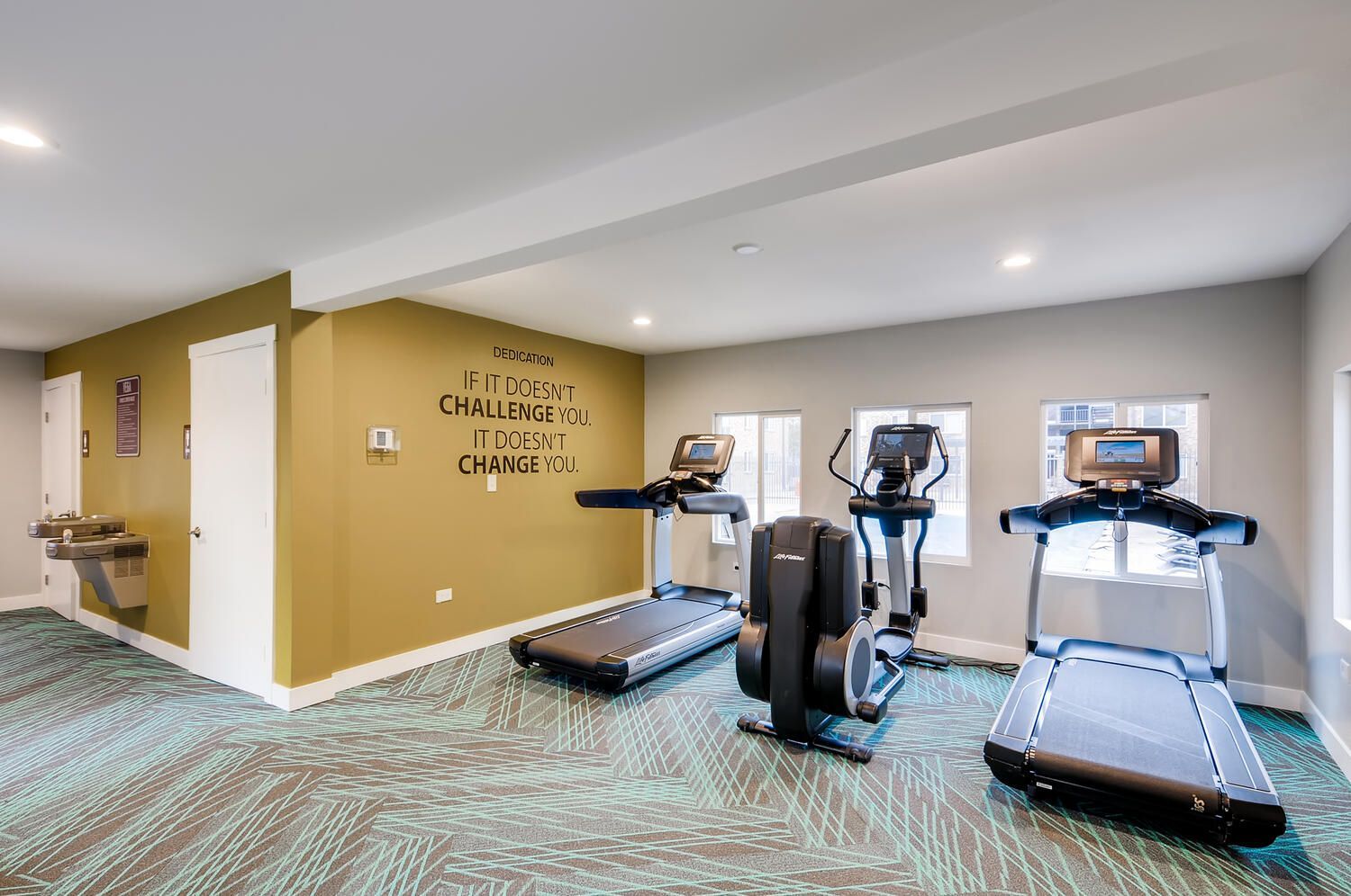 Modern apartment community gym with cardio machines (treadmills and elliptical) and windows.