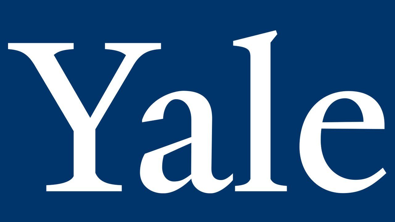 A blue background with the word yale in white letters
