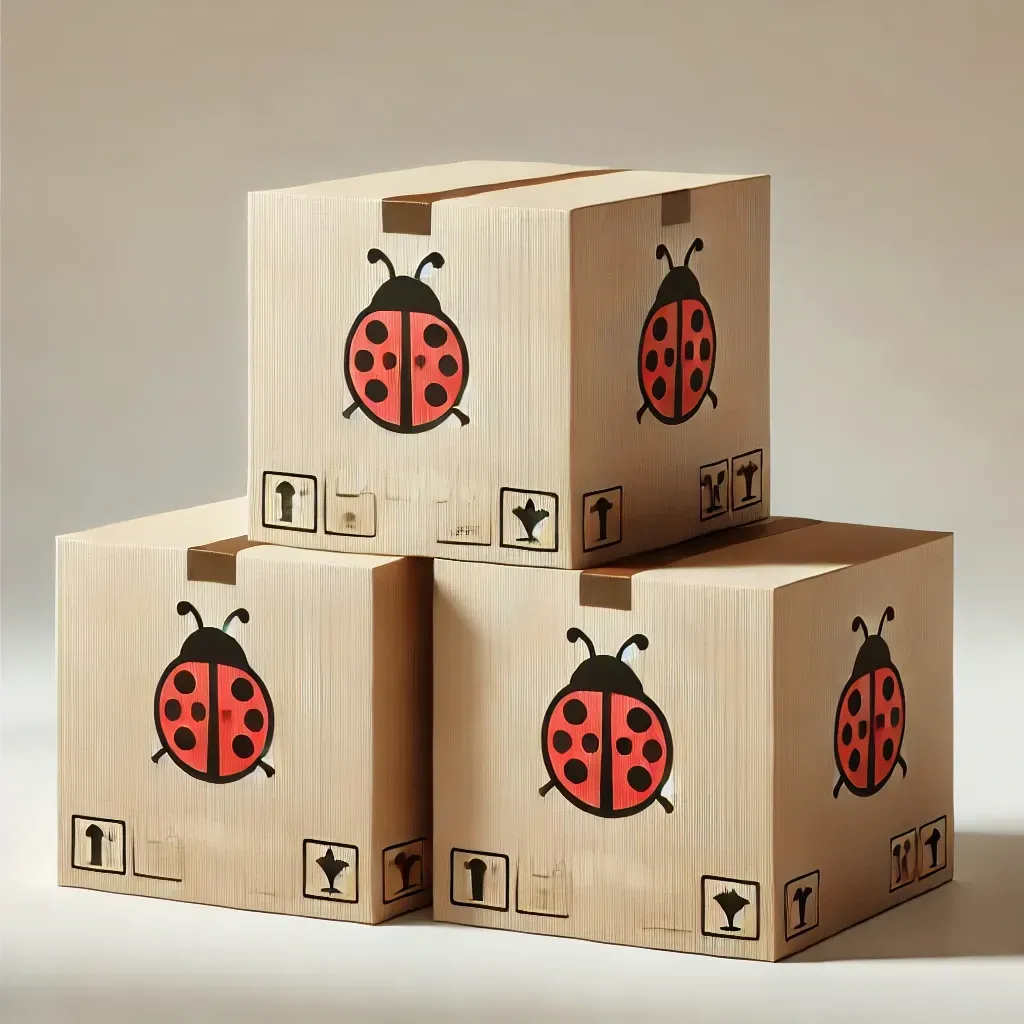 A stack of cardboard boxes with ladybugs on them