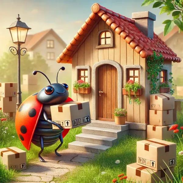 A ladybug is carrying boxes in front of a house.