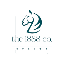 Logo of The 1888 Co., featuring a teal horse head inside a rectangle, with the company name below in teal text and "STRATA" at the bottom.