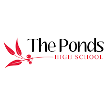 Logo for The Ponds High School, featuring black text and a red sprig of leaves and berries.