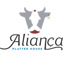 Logo for Aliança Platter House: gray bull head with fish silhouette, and gold earring. Black script and blue text.