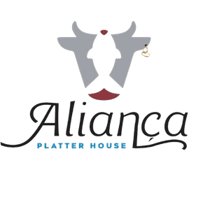 Logo for Aliança Platter House: gray bull head with fish silhouette, and gold earring. Black script and blue text.