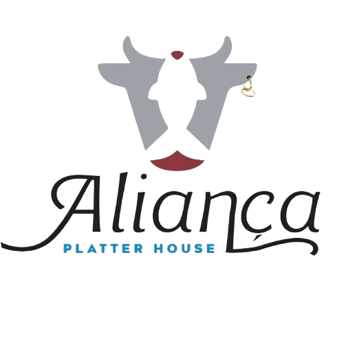 Logo for Aliança Platter House: gray bull head with fish silhouette, and gold earring. Black script and blue text.