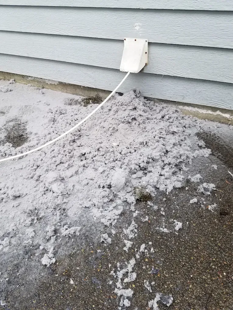 A white dryer vent on a light blue house exterior, with a large pile of lint on the concrete below.