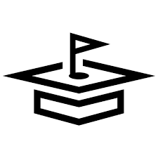 Black and white icon of a golf hole with a flag, atop a graduation cap.