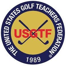 Logo for The United States Golf Teachers Federation, featuring crossed golf clubs and text.