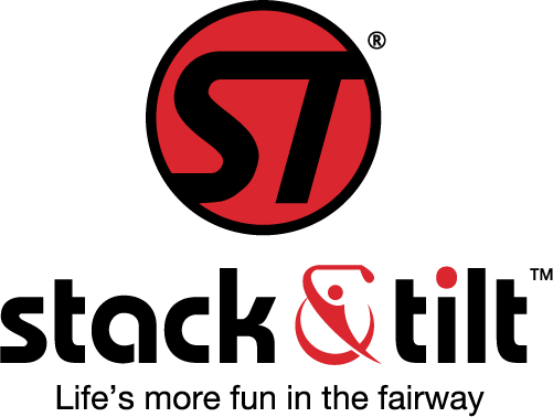 Logo for Stack & Tilt golf instruction: red "ST" in a black circle above "stack & tilt" text and a golfer icon.