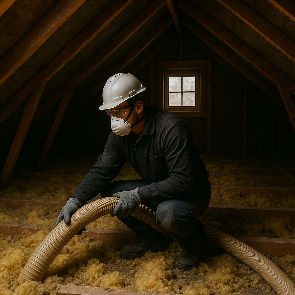 Man in a hard hat and mask installing insulation in an attic.