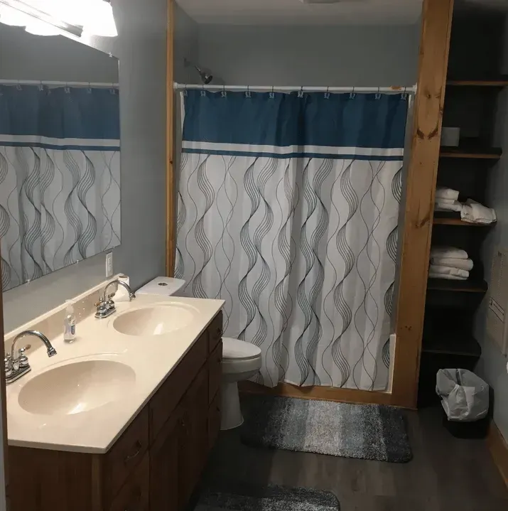 A bathroom with a double vanity, a blue-and-white patterned shower curtain, a toilet, and open wooden shelving.