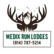 Logo for Medix Run Lodges featuring a deer antler silhouette with mountain and forest imagery, and phone number below.