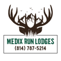 Logo for Medix Run Lodges featuring a deer antler silhouette framing mountains and trees with phone number (814) 787-5214.