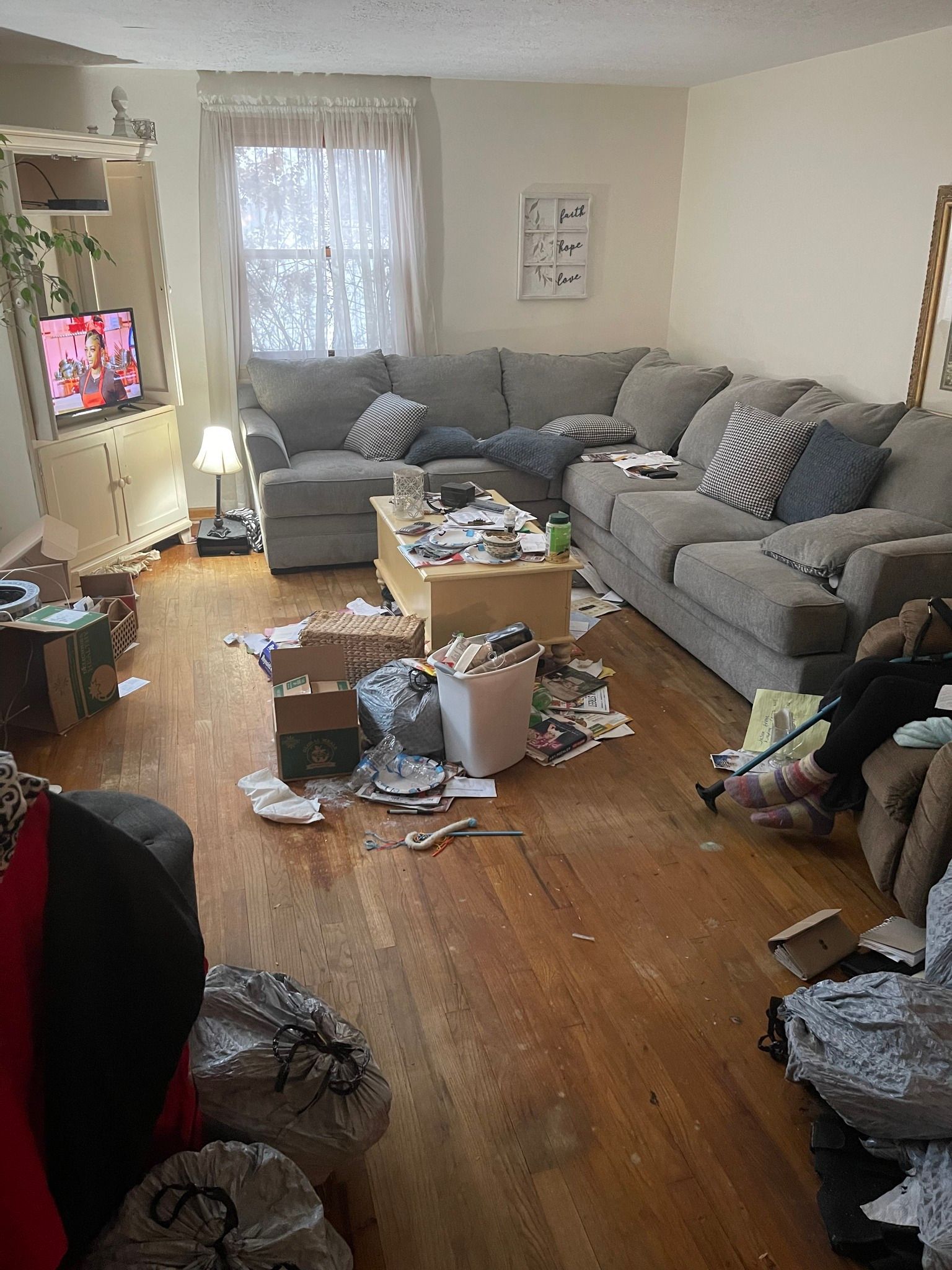 Before image of cluttered living room with scattered items and mess