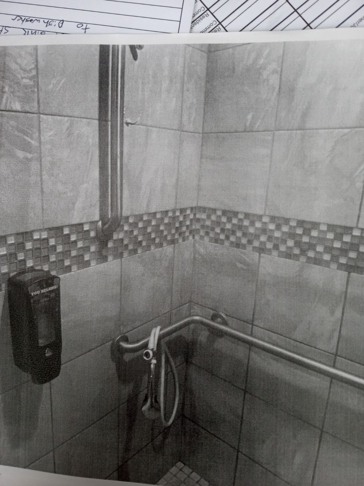 A black and white photo of a bathroom with a hand rail