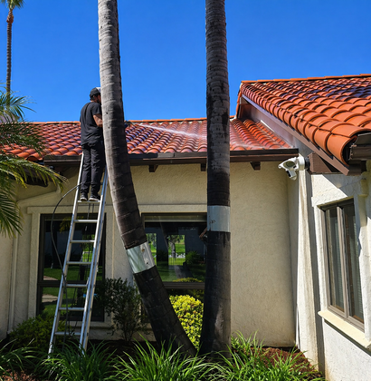 Worker on a ladder trimming a tall palm tree beside a stucco house with a red tile roof