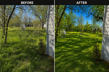 Before-and-after split of a grassy park path, with brighter green grass and blue sky in the after view.