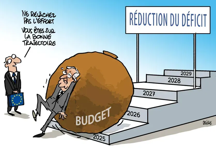 Un dessin animé d'un homme poussant une grosse balle avec le mot budget dessus