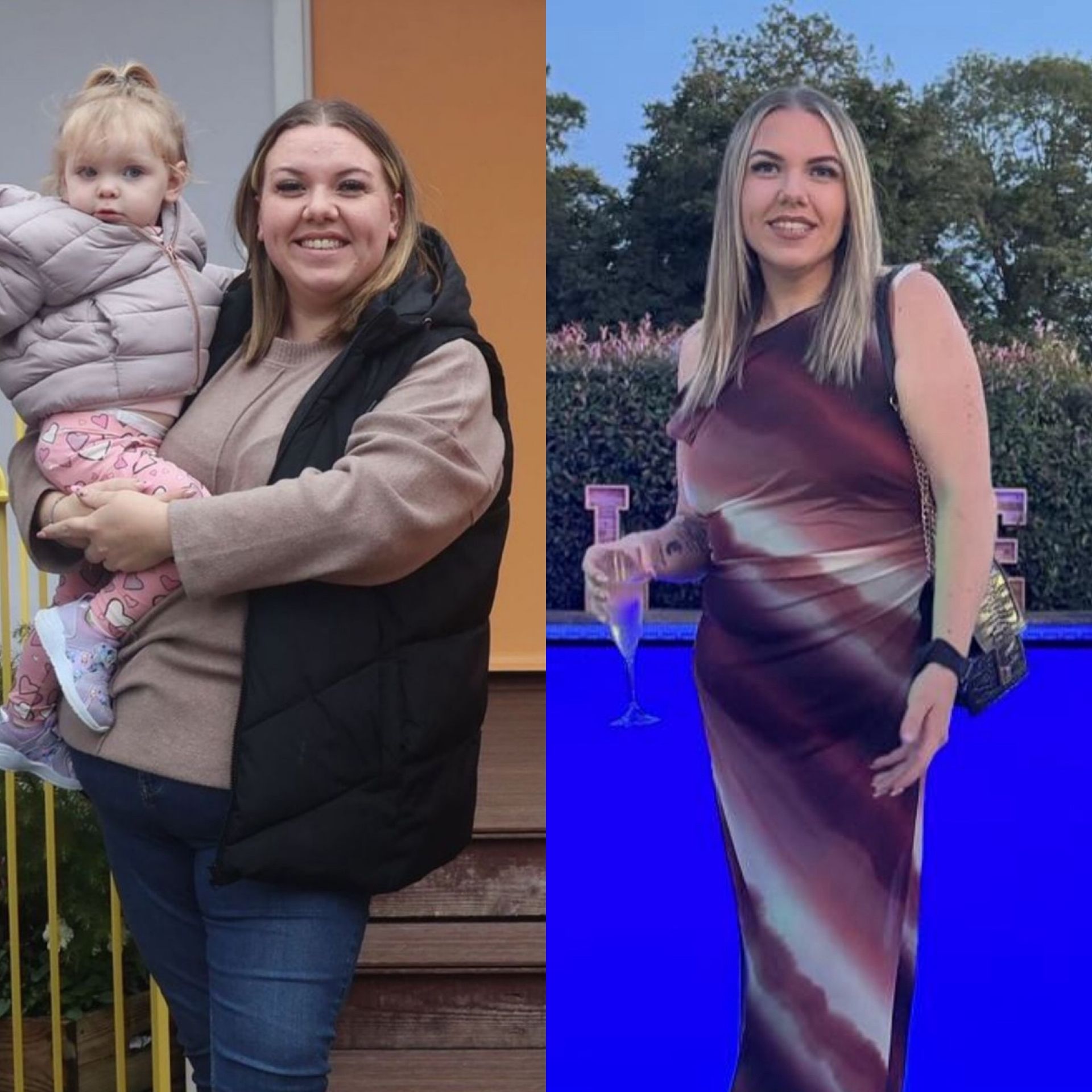 Woman holding child then posing in dress, before/after weight loss.