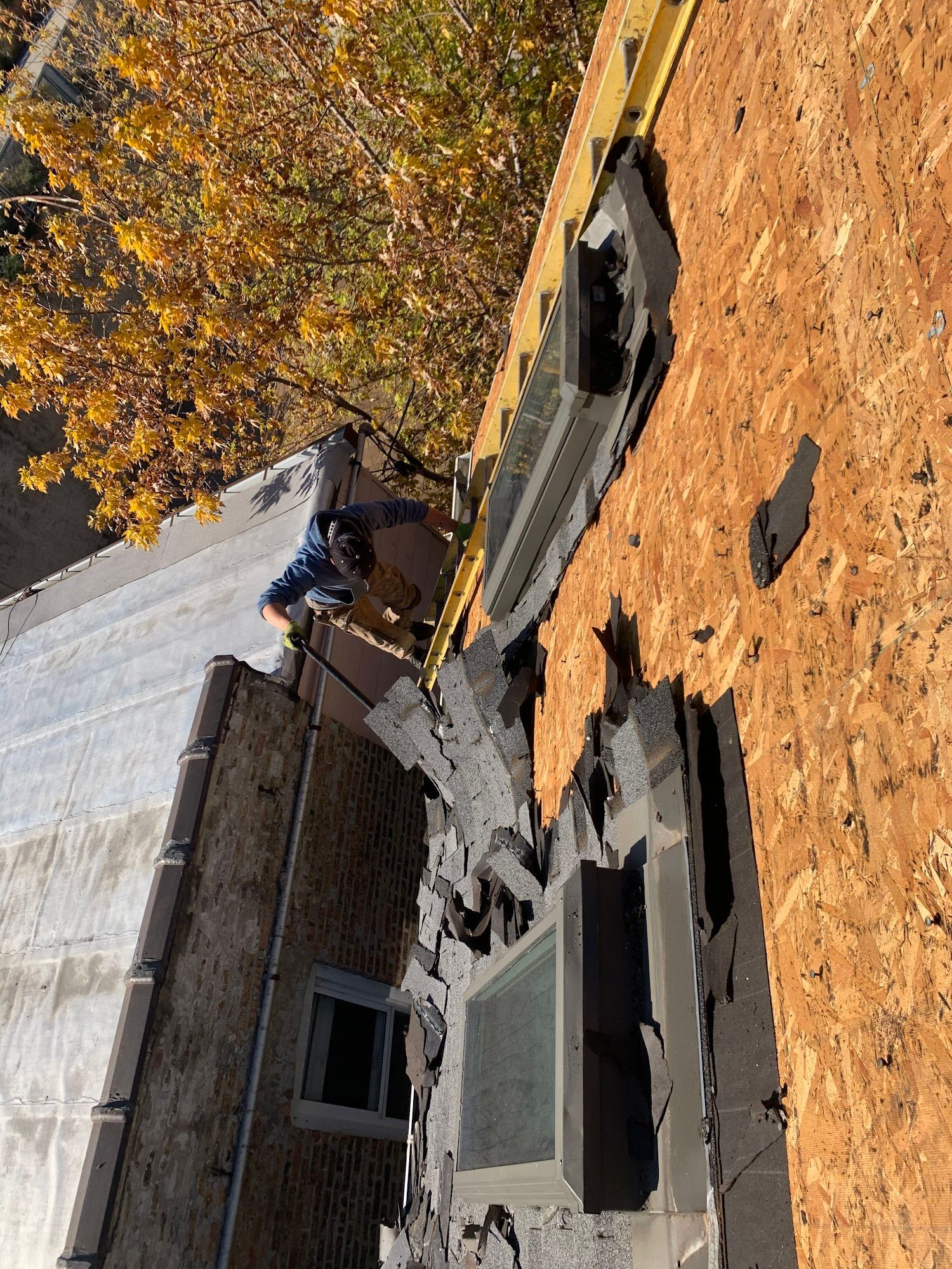 Damaged rooftop with fallen shingles and debris beside a brick building in autumn.