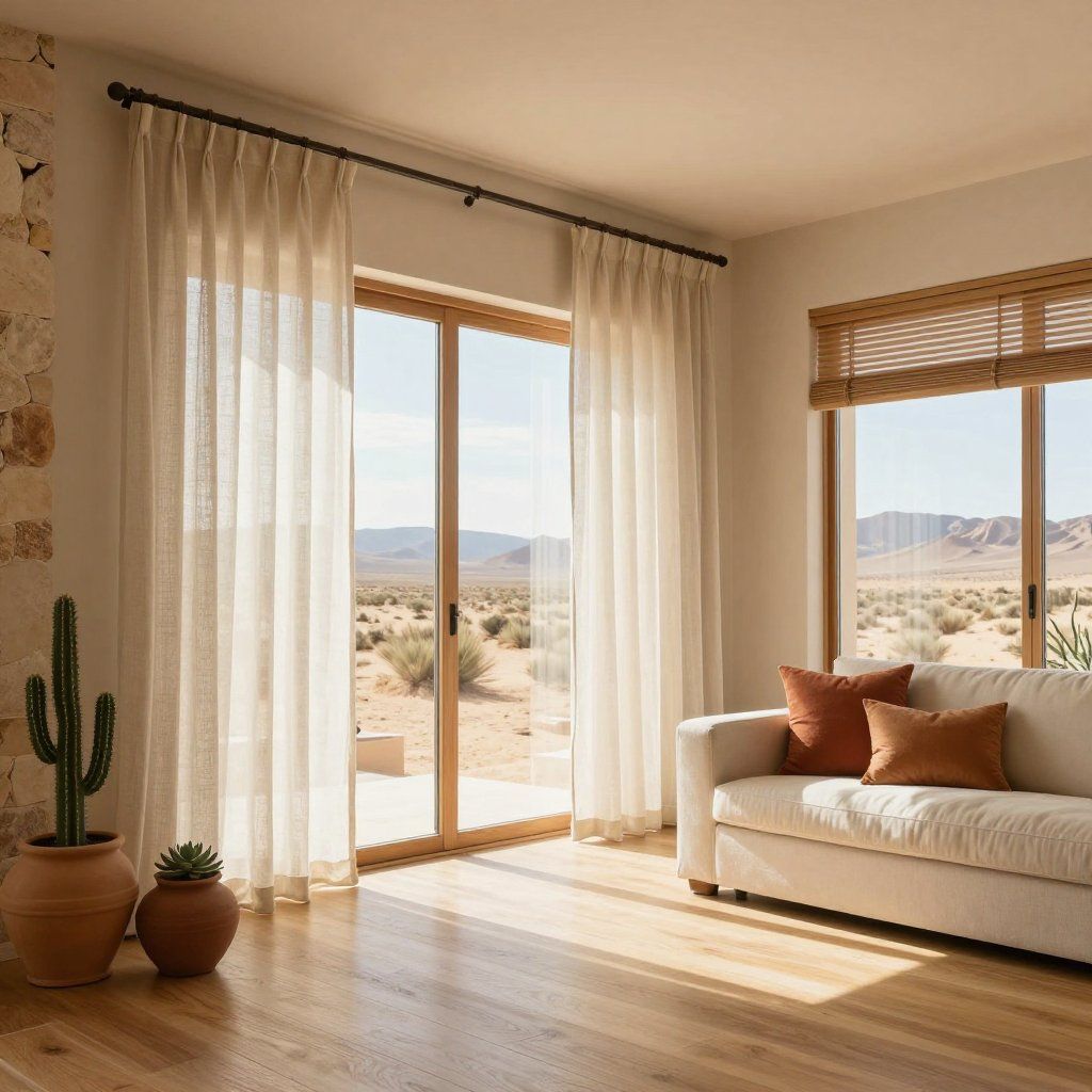 Bright living room with sheer curtains, a couch, wooden floors, and a view of a desert landscape.