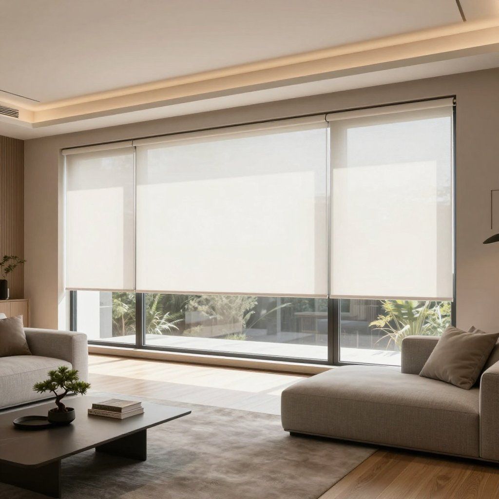 Living room with large windows and sheer white roller shades.