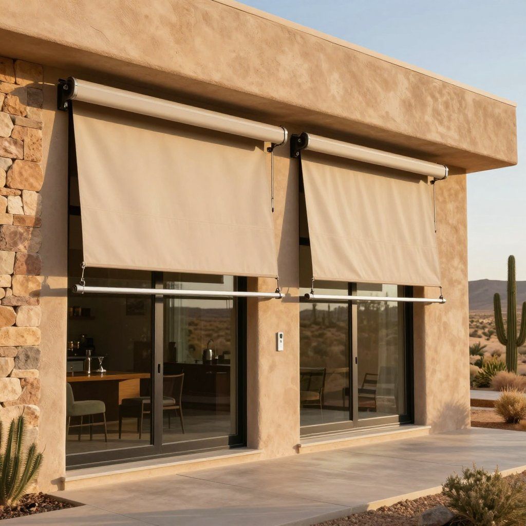 Beige awnings extend over glass doors on a stucco building in a desert setting.