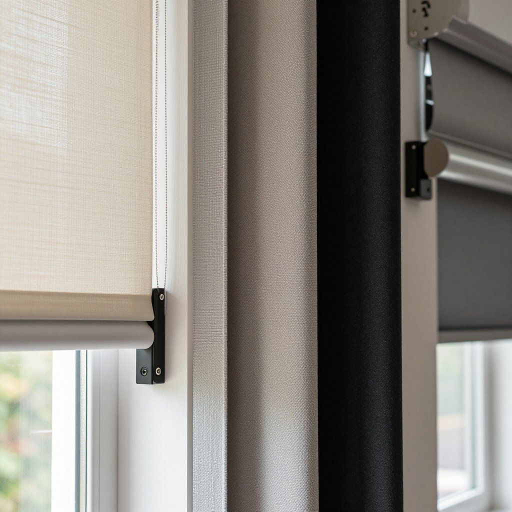 Close-up of window with light beige roller blind, sheer gray curtain, and dark gray roller blind.