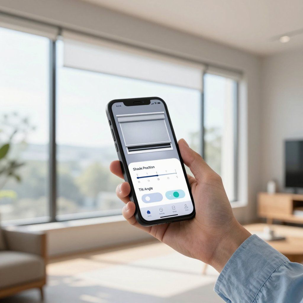 A person uses a phone app to control window blinds. The app shows adjustable light and position controls.