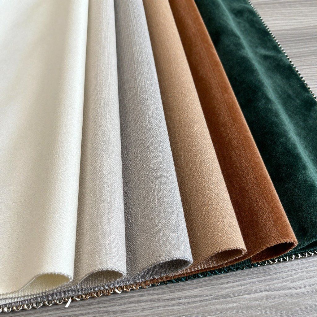 Fabric swatches in cream, gray, tan, brown, and green, arranged on a surface.