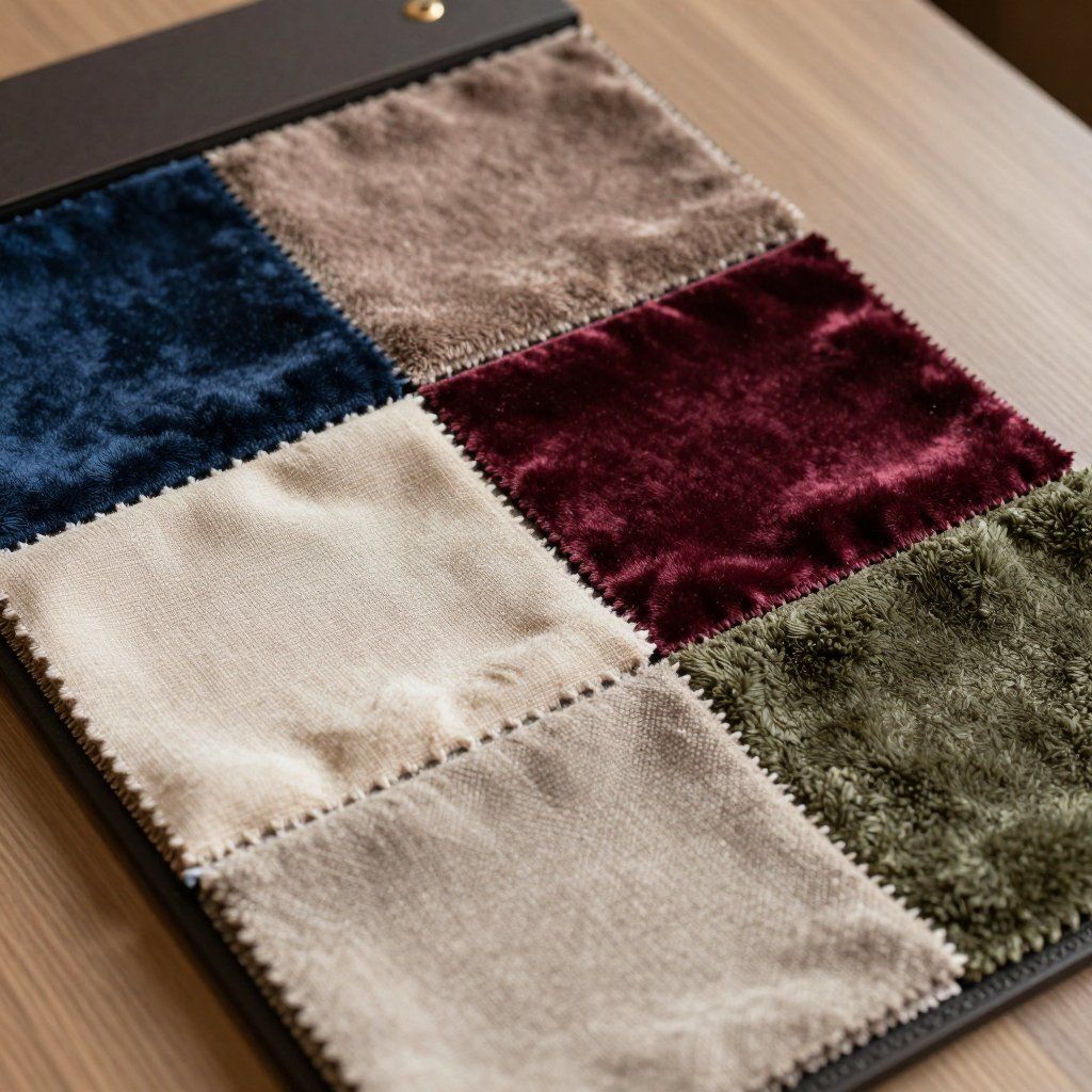 Fabric swatches in a variety of colors, including blue, brown, and burgundy, arranged on a sample board.