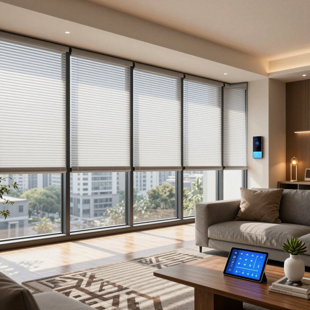 Living room with large windows, automated blinds, and smart home control panel on a coffee table.