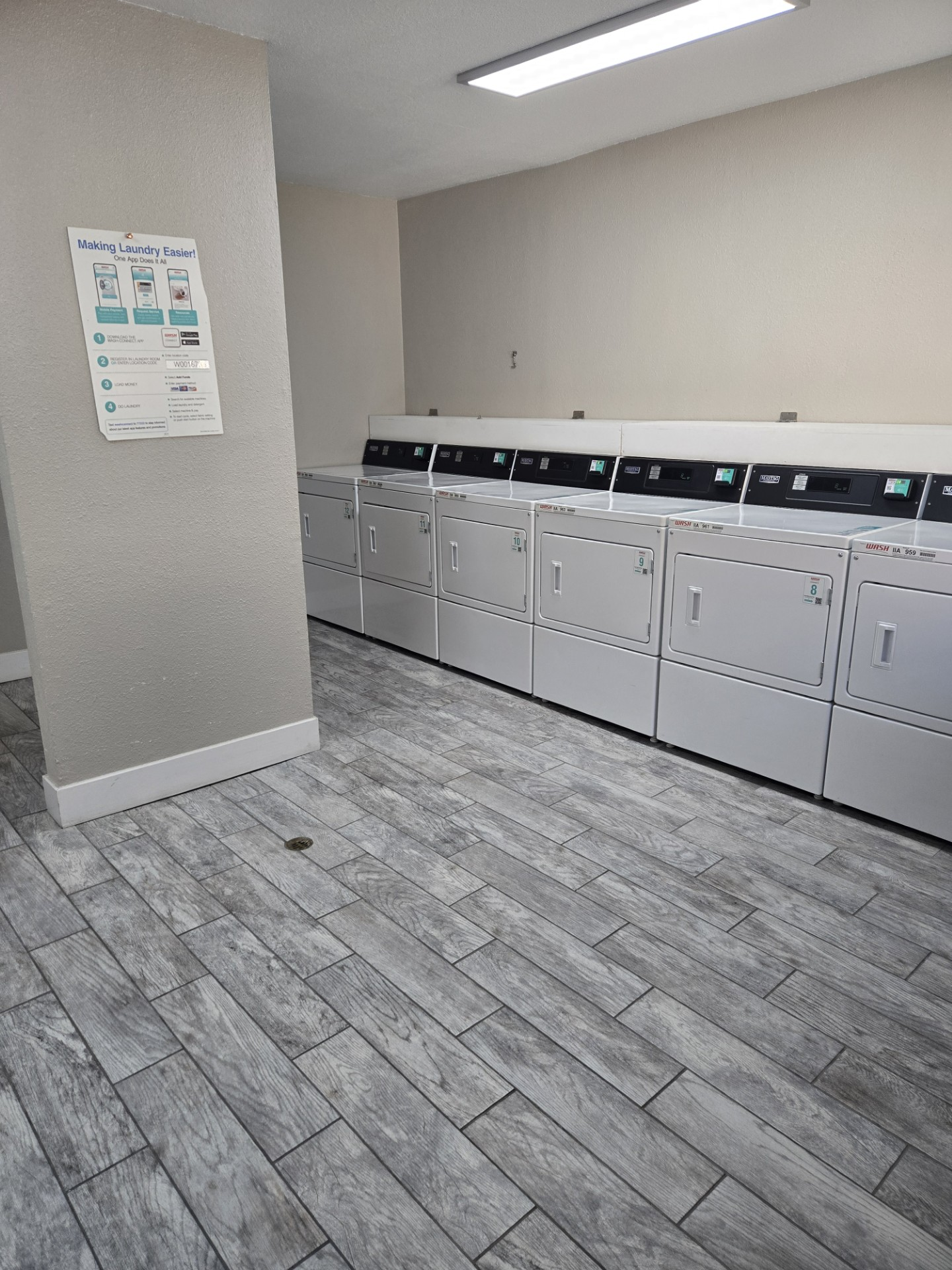 Laundry room with rows of white washing machines and beige walls and floor.