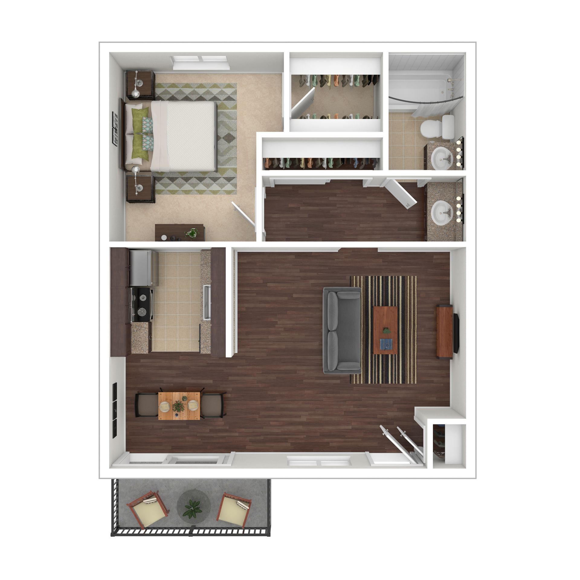 Floor plan of an apartment with a bedroom, bathroom, living area, and balcony.