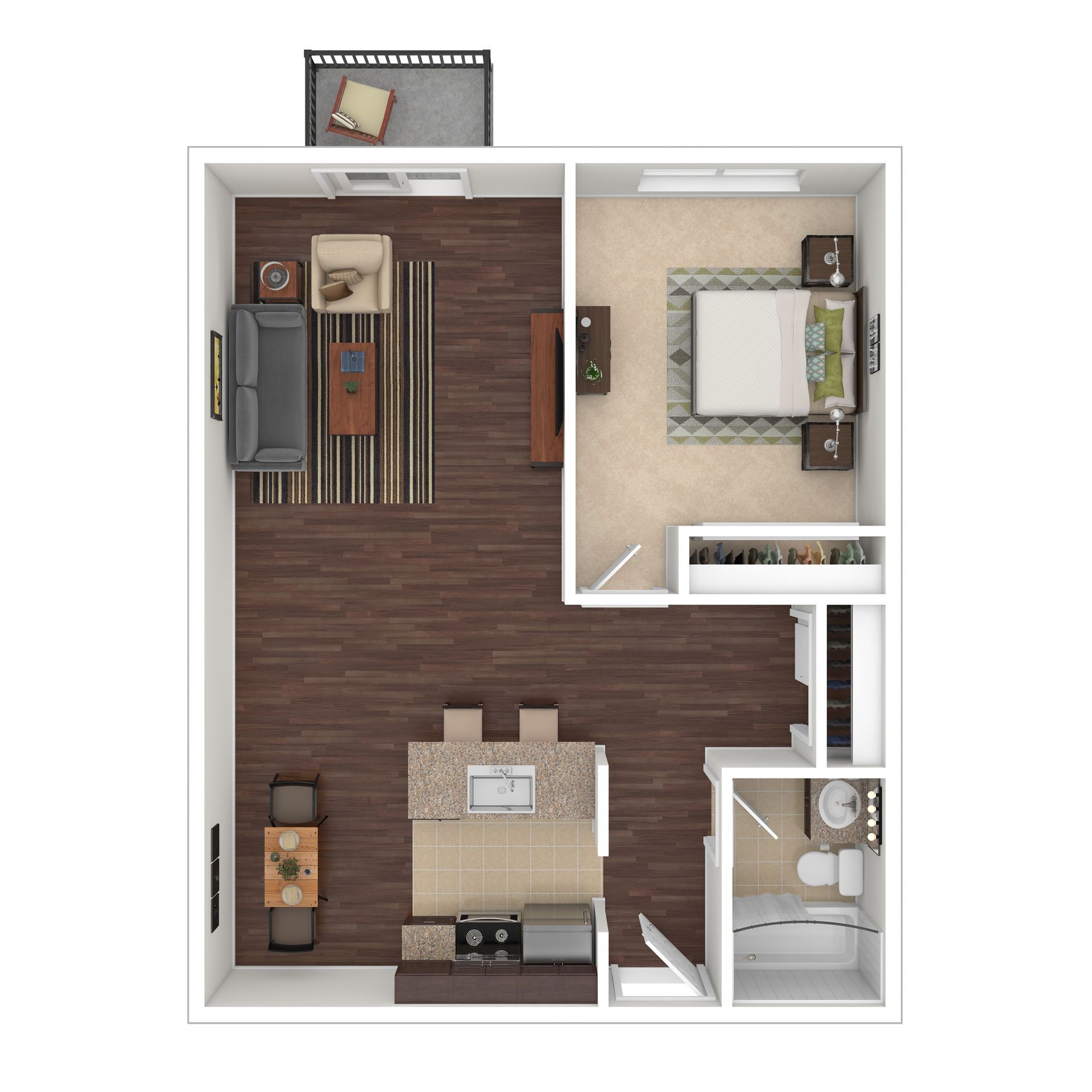 Floor plan of an apartment with living room, kitchen, bedroom, and bathroom. Brown and beige color scheme.