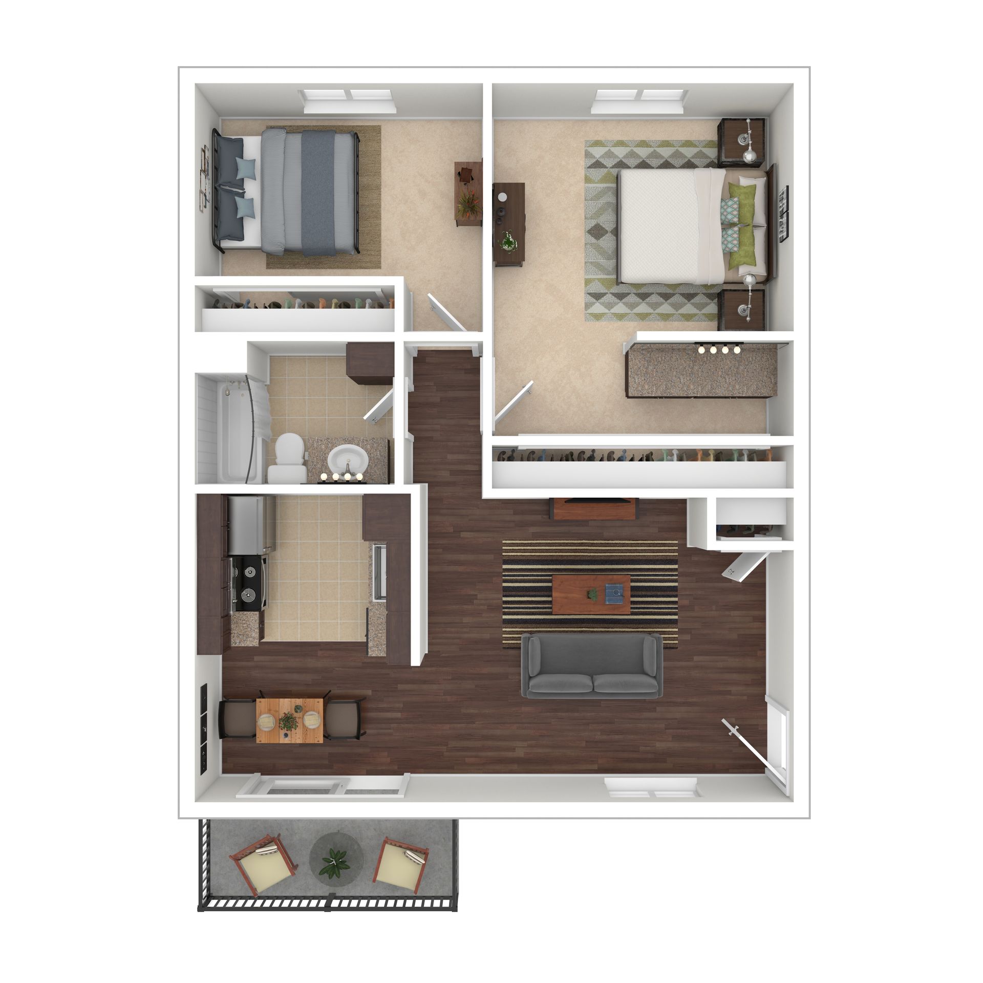 Floor plan of a two-bedroom apartment with a living room, kitchen, and a balcony.