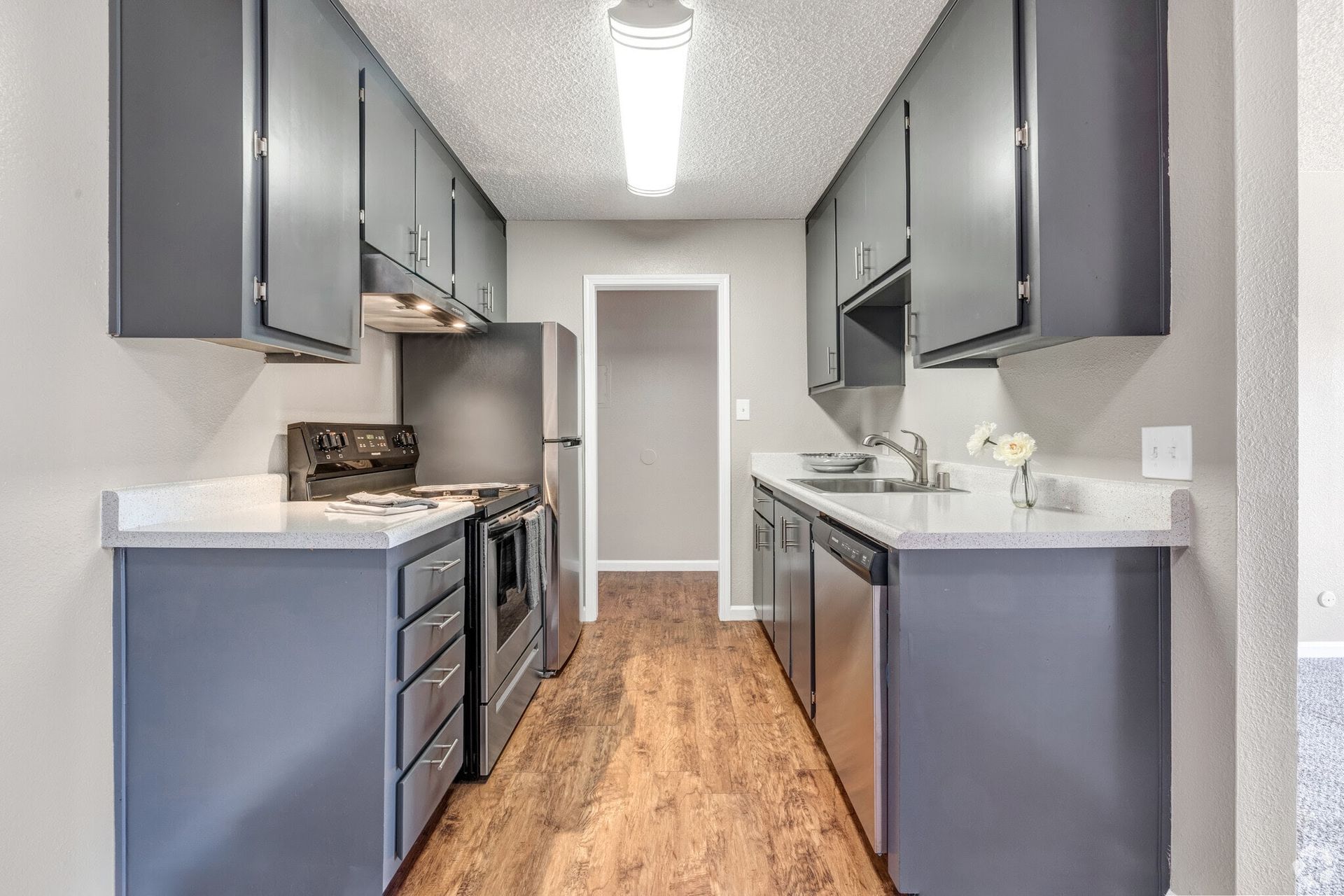 Narrow kitchen with gray cabinets, stainless steel appliances, and wood-look flooring.