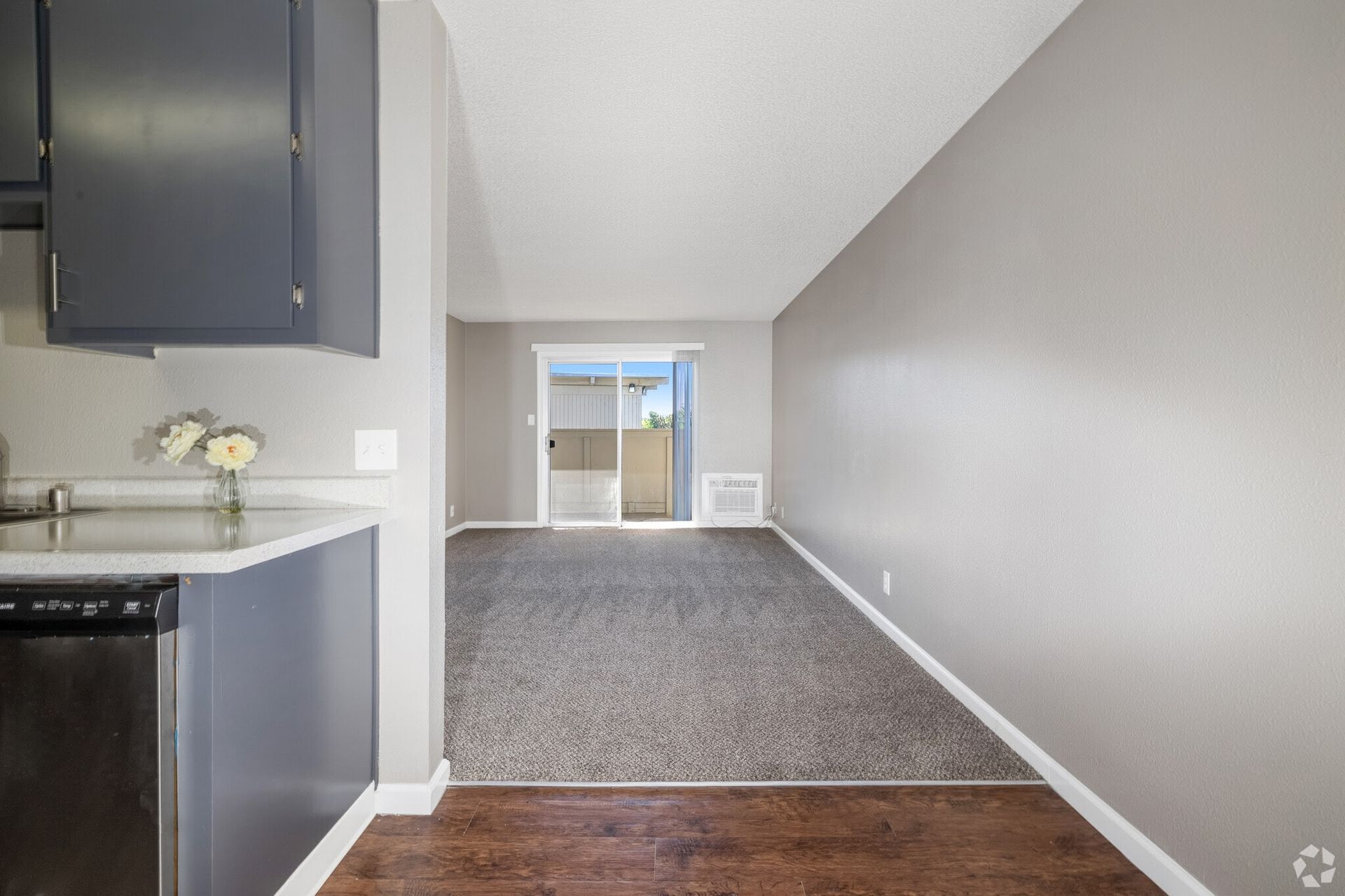 Gray kitchen and living room with sliding door to outside.