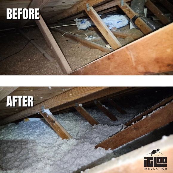 A picture of an attic before and after insulation by igloo insulation