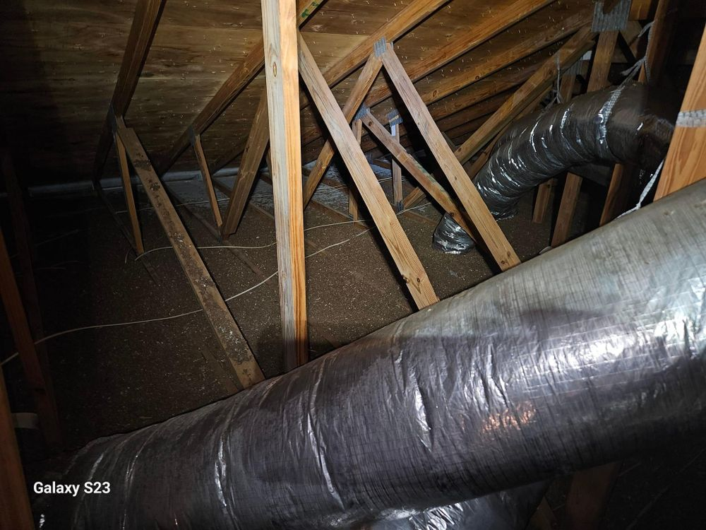 There are many pipes in the attic of a house.