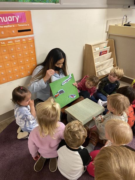 A group of child and guide working together in a Montessori classroom