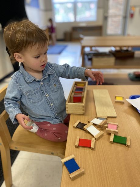 A child is worling with Adena Montessori color tablets materials color recognition