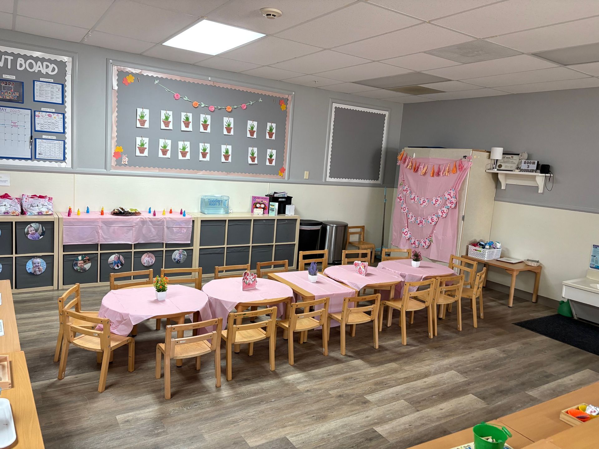 A Montessori classroom with tables and chairs set up for the mothers day event