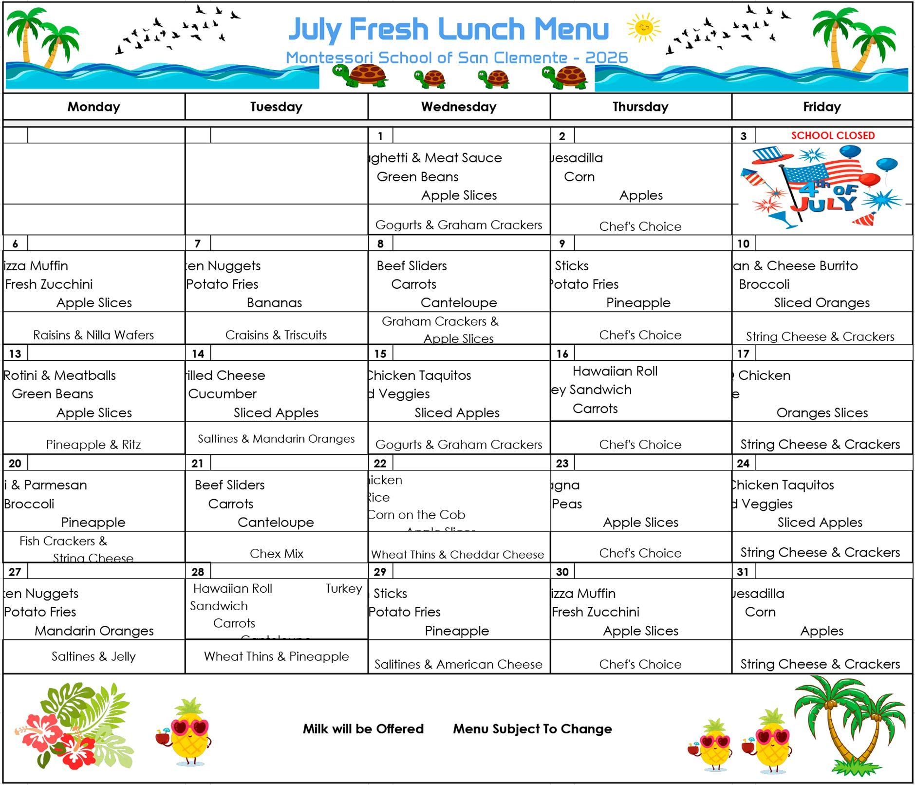 July Lunch Menu
