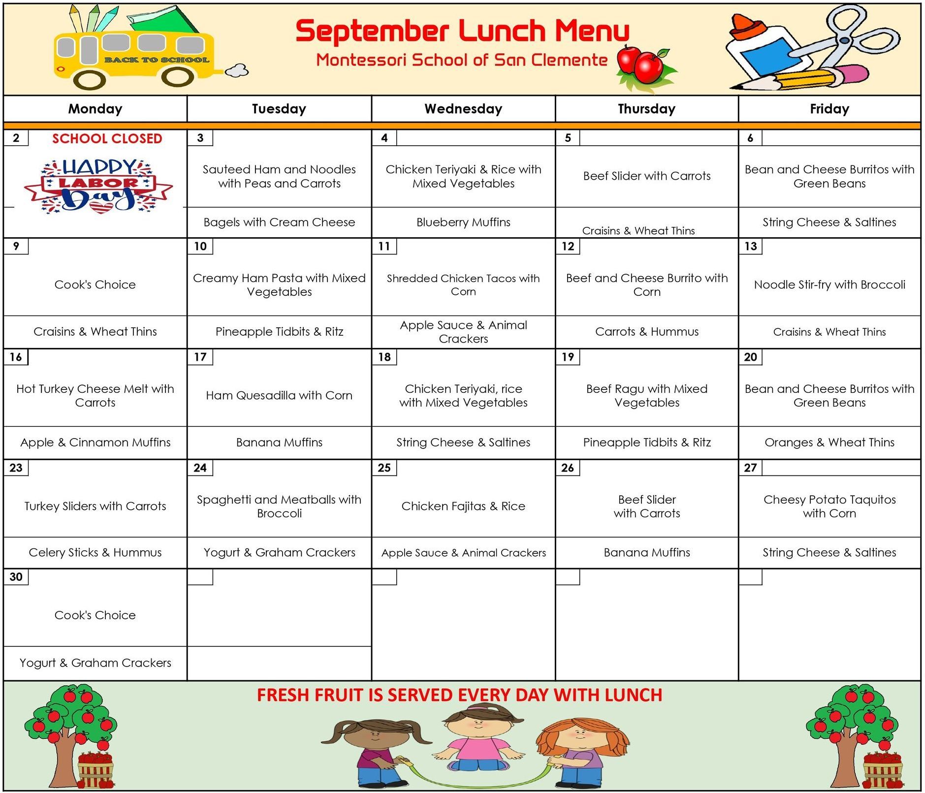 SC Lunch Menu September