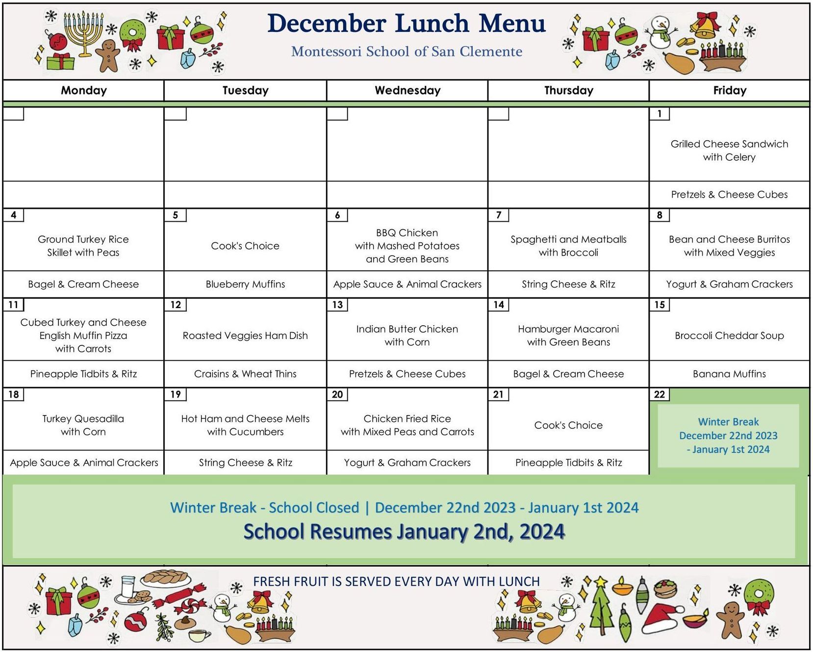 December Lunch Menu