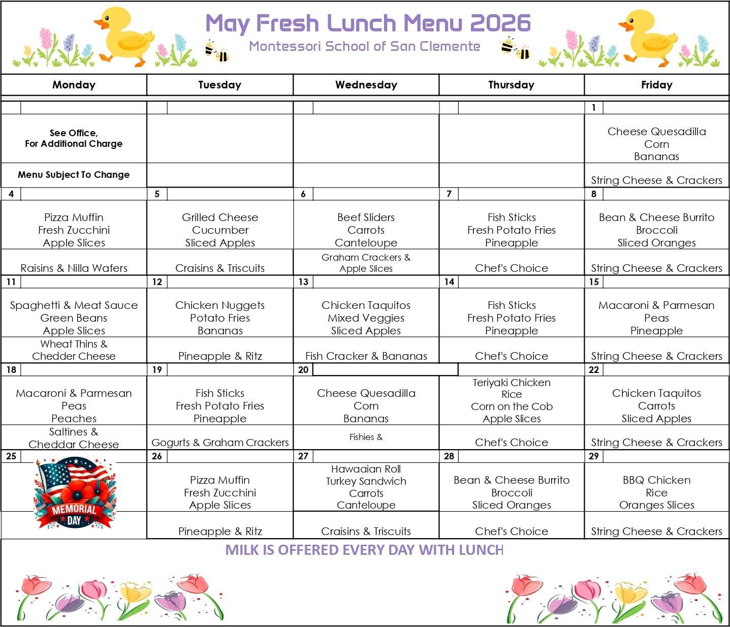 May Lunch Menu.