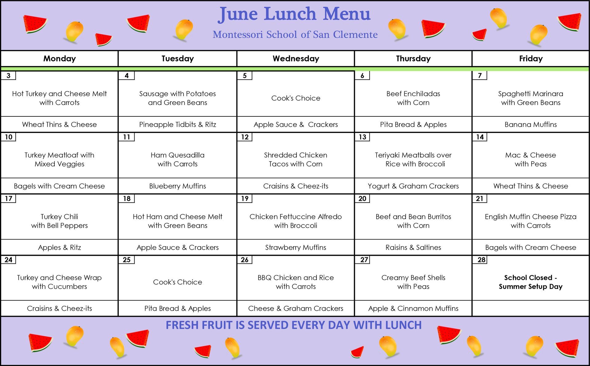 June Lunch Menu