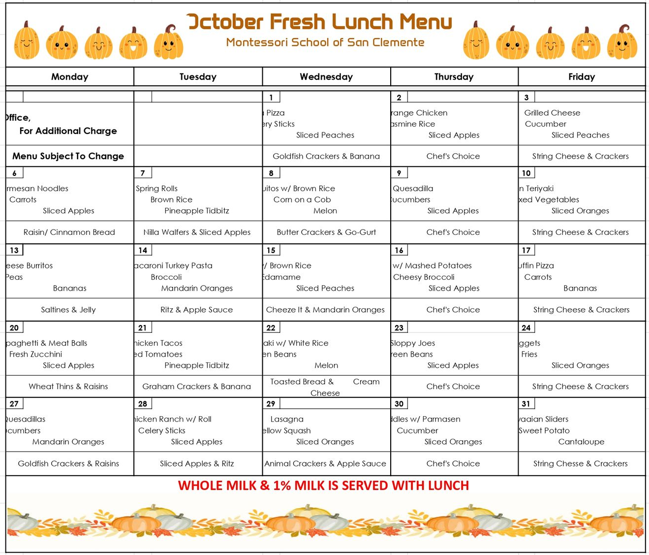 October Lunch Menu